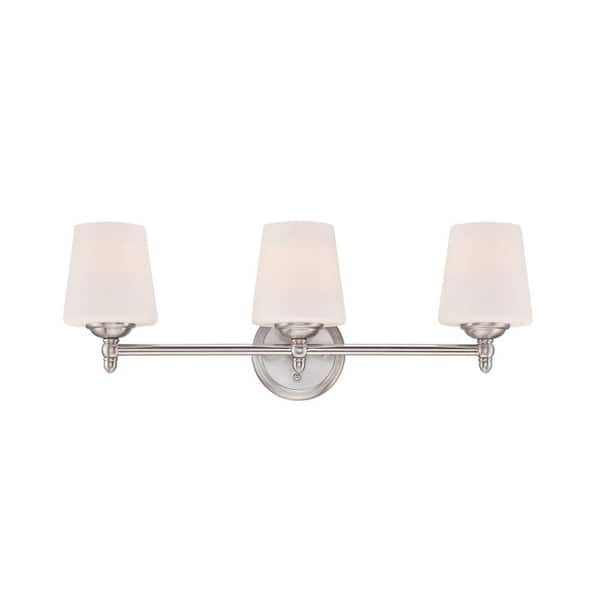 Darcy 25 in. 3-Light Brushed Nickel Transitional Vanity Light with White Opal Glass Shades