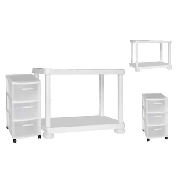 MQ White 2-Tier Plastic Garage Storage Unit with 3 Drawer Rolling Storage Cart (35.5 in. W x 27.4 in. H x 17.5 in. D)