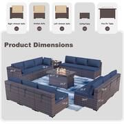 14-Piece Wicker Patio Conversation Set with 55000 BTU Gas Fire Pit Table and Glass Coffee Table and Navy Cushions