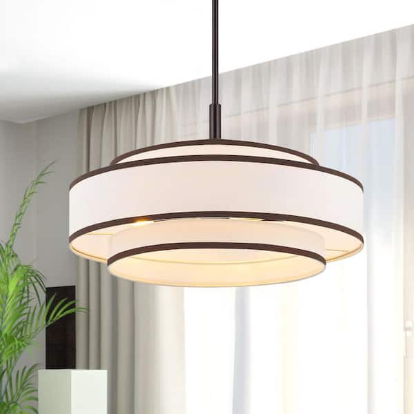 24 in. 5-Light Bronze Double Shaded Drum Chandelier with White Fabric Shade