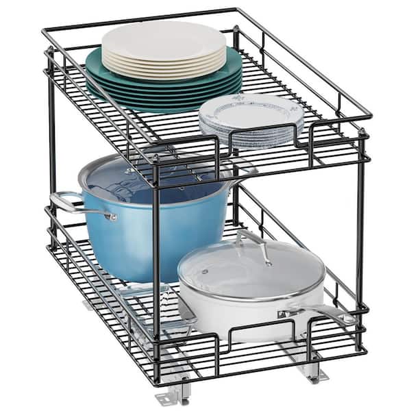 2 Tier Pull-Out Cabinet Organizer Drop Down Shelf Pull-Down Dish and Spice Rack, Size: Medium, Black