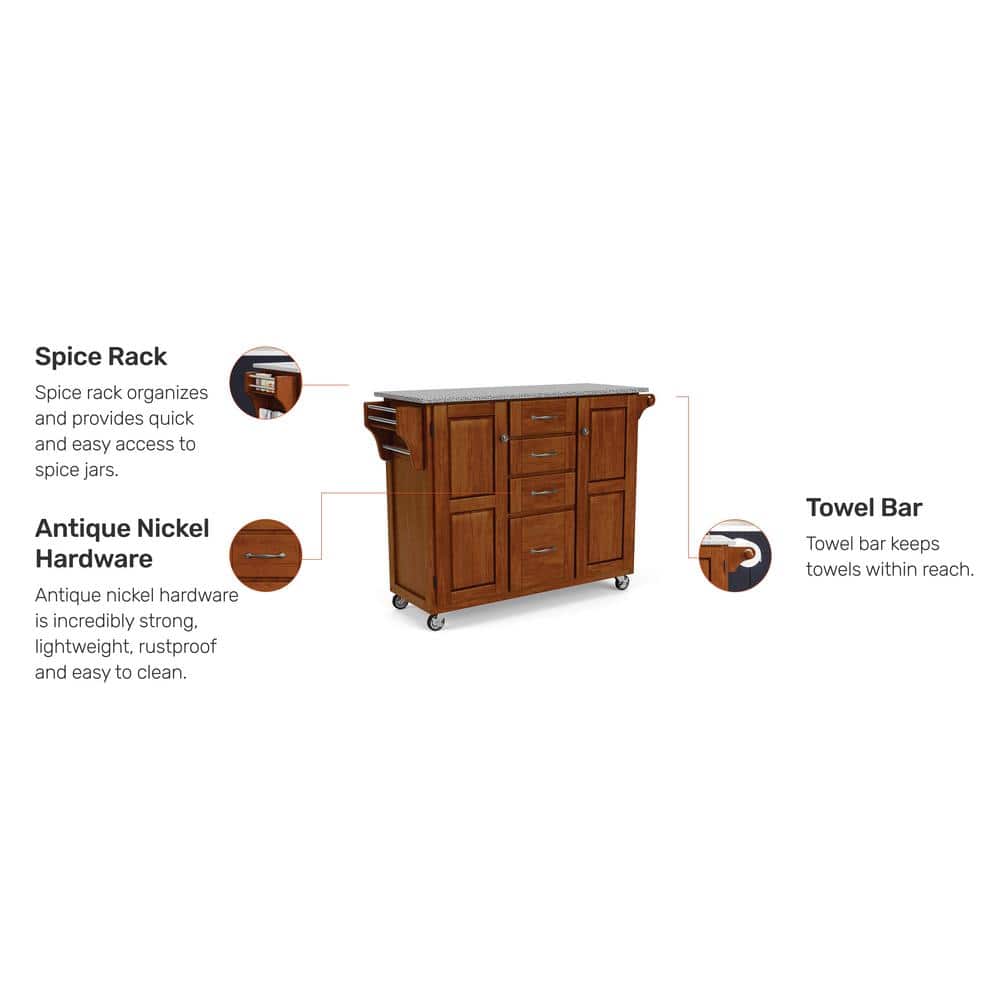 Medium Cherry and Salt Pepper Granite 48" Kitchen Cart with Spice Rack