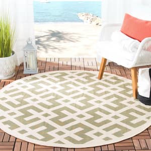 Courtyard Green/Bone 7 ft. x 7 ft. Round Geometric Indoor/Outdoor Patio  Area Rug