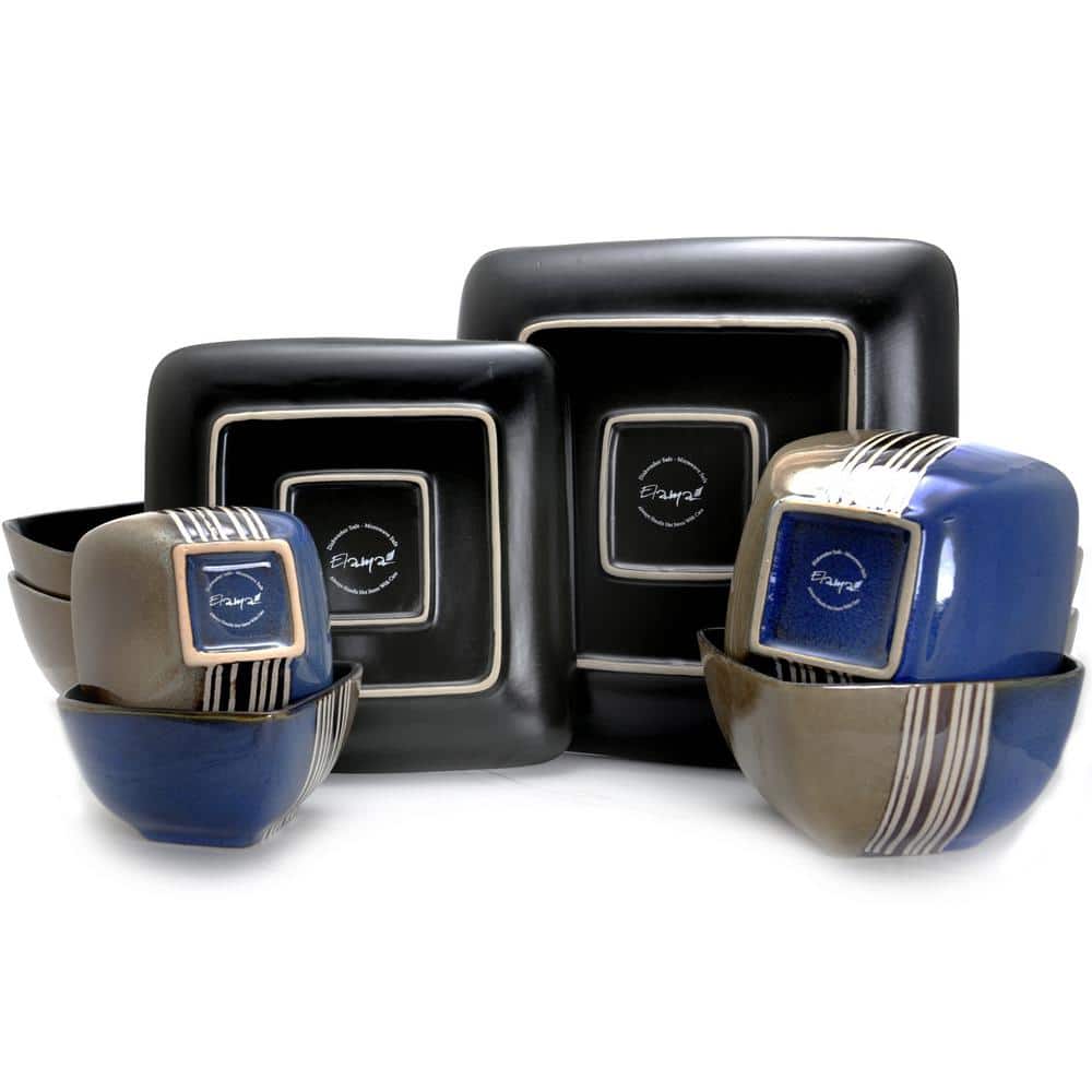 Blue and Tan Ceramic 16-Piece Dinnerware Set for 4