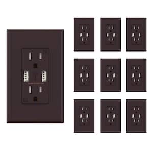 4.0 Amp USB Outlet, Dual Type A In-Wall Charger with 15 Amp Duplex Tamper Resistant Outlet, Brown (10-Pack)