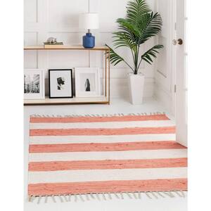 Chindi Rag Striped Coral and Ivory 7 ft. 10 in. x 7 ft. 10 in. Area Rug