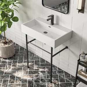 30 in. White Ceramic Rectangular Console Sink Basin and Leg Combo with Overflow