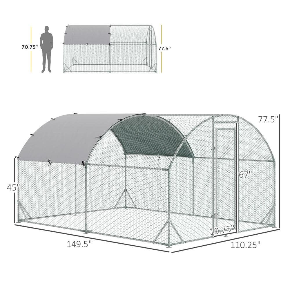 Large Silver Metal Walk-In Chicken Coop with UV Resistant Cover