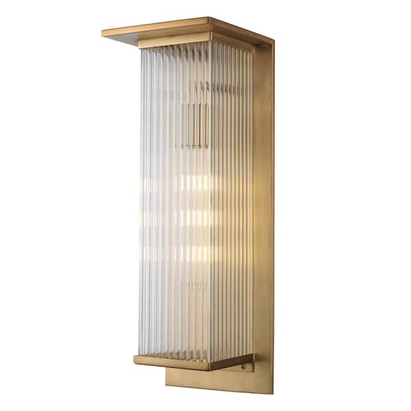 Home Decorators Collection Jardine 20 in. 1-Light Gold Modern Outdoor Wall Light Fixture with Clear Ribbed Glass