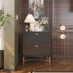 Black 2-Drawer Water Ripple Finish Designs Wood Nightstand with Square Support Legs