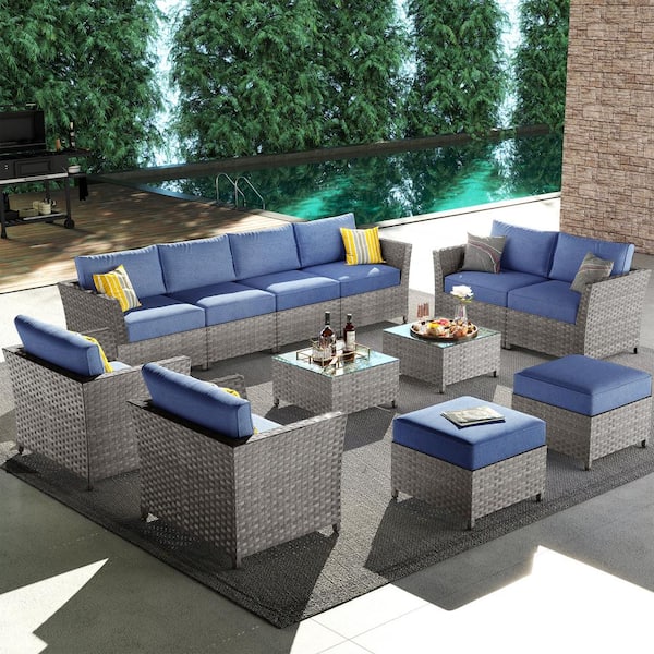 XIZZI Jasmine 12-Piece Wicker Outdoor Sectional Set with Denim Blue Cushions