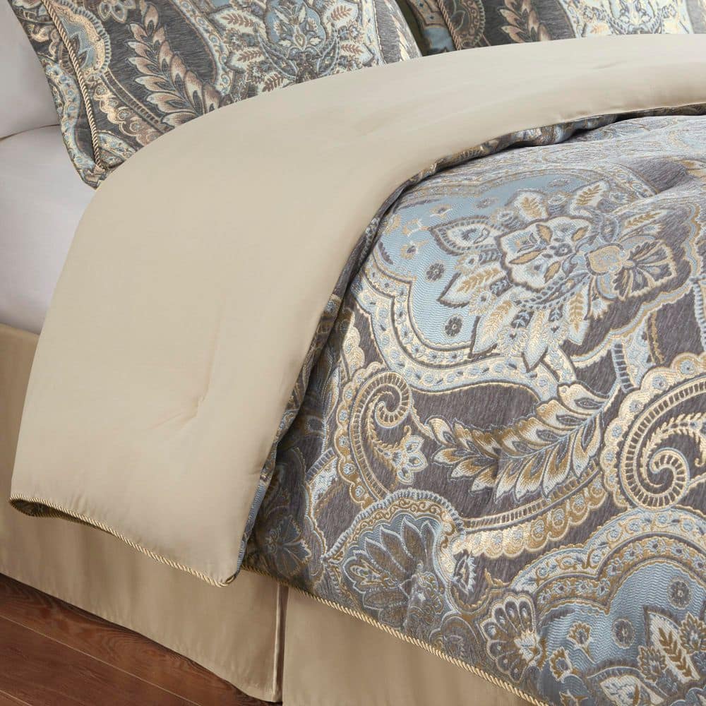 Julius Queen Taupe and Blue Microfiber Comforter Set