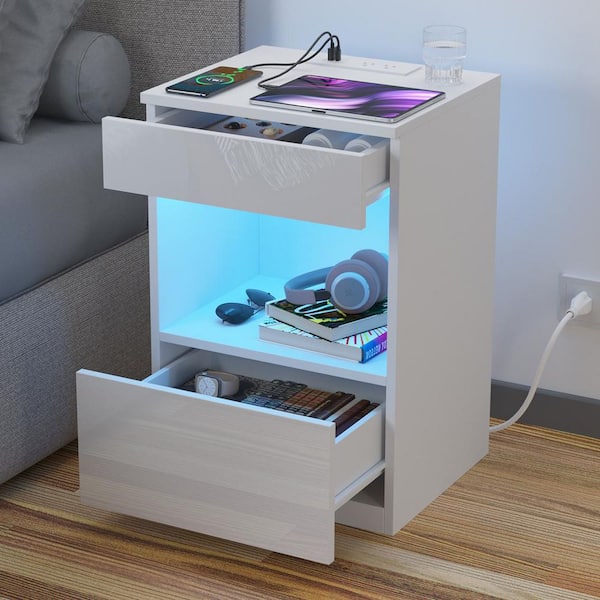 Hommpa Modern White 2-Drawer 23.62 in. H x 15.75 in. W x 13.78 in. D Nightstand with Charging Station and RGB LED Light Strip
