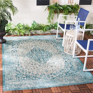 Courtyard Teal/Cream Doormat 2 ft. x 4 ft. Medallion Border Indoor/Outdoor Area Rug