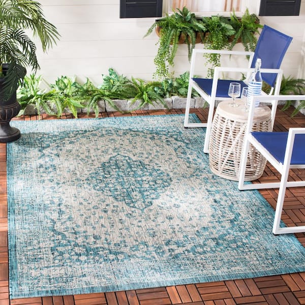 Courtyard Teal/Cream 5 ft. x 8 ft. Geometric Indoor/Outdoor Patio  Area Rug