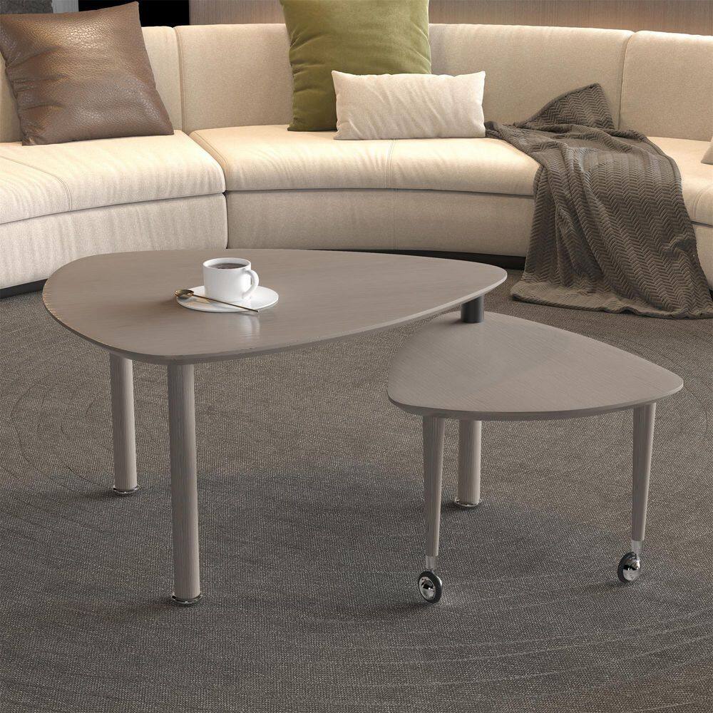 37.4in. Modern 360° Rotatable Nesting Specialty Teardrop Wood Coffee Table with Movable Small Table on Wheels,Gray Brown