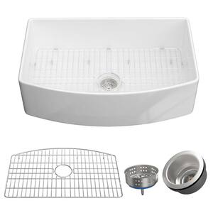 33 in. Farmhouse Apron Single Bowl White Fireclay Kitchen Sink with Bottom Grid and Strainer