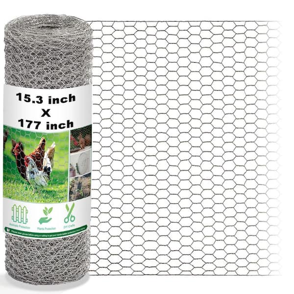 OGETFUUR 15 in. x 14 ft. Silver Metal Floral Chicken Wire Garden Fence Hexagonal Galvanized Hardware Cloth Netting for Garden