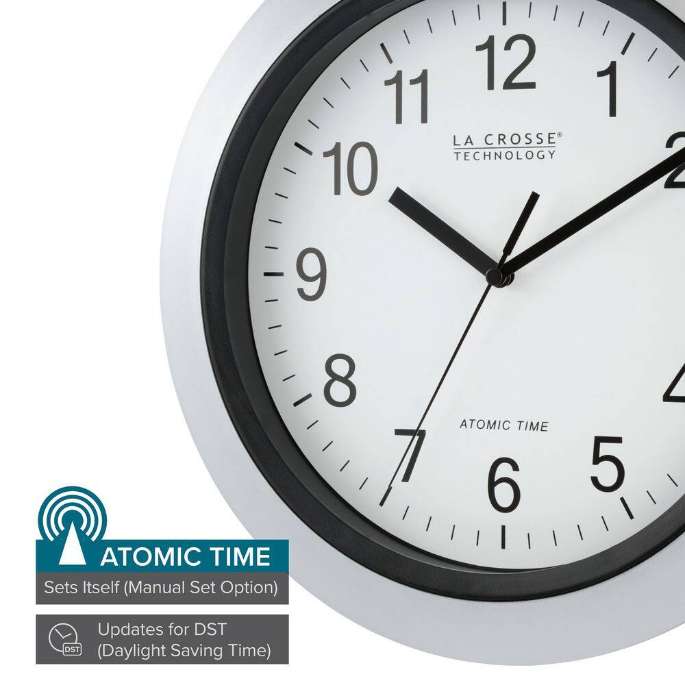 La Crosse 12" Silver Atomic Analog Wall Clock with Daylight Saving