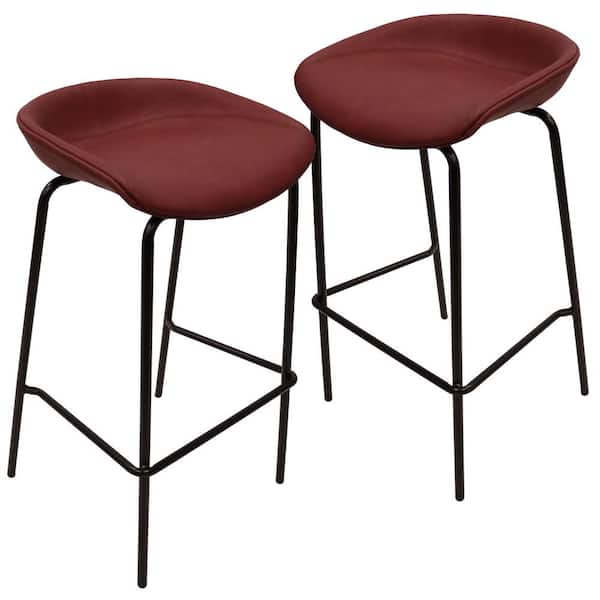 Leisuremod Servos Modern Barstool with Upholstered Faux Leather Seat and Powder Coated Iron Frame, Set of 2 (Bordeaux)