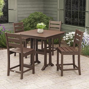 Grant Park Mahogany 5-Piece HDPE Plastic Side Chair Farmhouse Trestle Counter Set