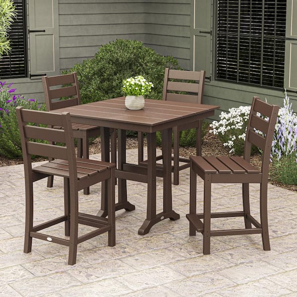 POLYWOOD Grant Park Mahogany 5-Piece HDPE Plastic Side Chair Farmhouse Trestle Counter Set