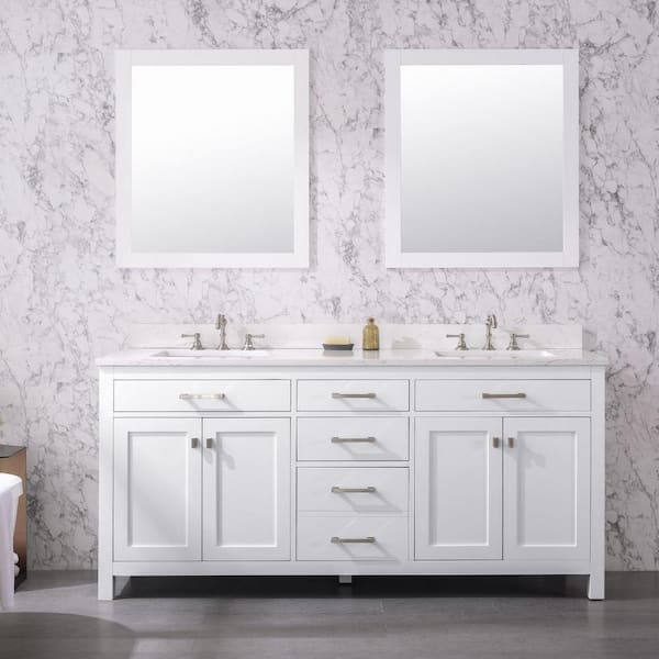 SUDIO Jasper 72 in. W x 22 in. D Bath Vanity in White with Engineered Stone Vanity Top in Carrara White with White Sink