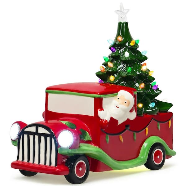 CASAINC 10.5 in. Pre-Lit Vintage Tabletop Ceramic Christmas Tree Truck with Battery