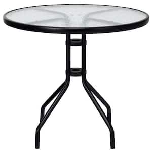 32 in. Patio Metal Round Outdoor Dining Table with Umbrella Hole and Tempered Glass