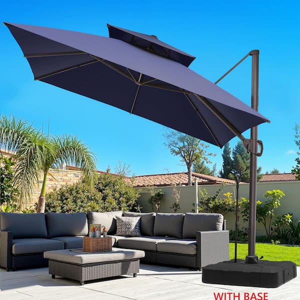 Double Top 9.5 ft. Square Aluminum Outdoor 360° Rotation Cantilever Patio Umbrella in Navy, Wheeled Base with Pull Rod