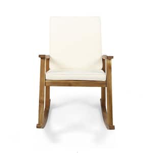 Candel Teak Brown Wood Outdoor Rocking Chair with Cream Cushion