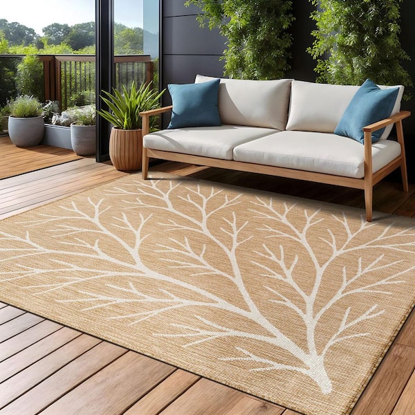 Flora Natural 8 ft. x 10 ft. Coral Branch Washable Indoor Outdoor Area Rug