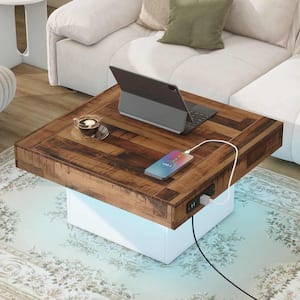 31.4 in. White Square Wood Coffee Table with 2 USB Ports and Outlets, LED Light and Charging Station