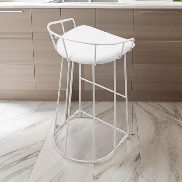 Benjara 30.5 in. White Low Back Metal Frame Bar Stool with Faux Leather Seat