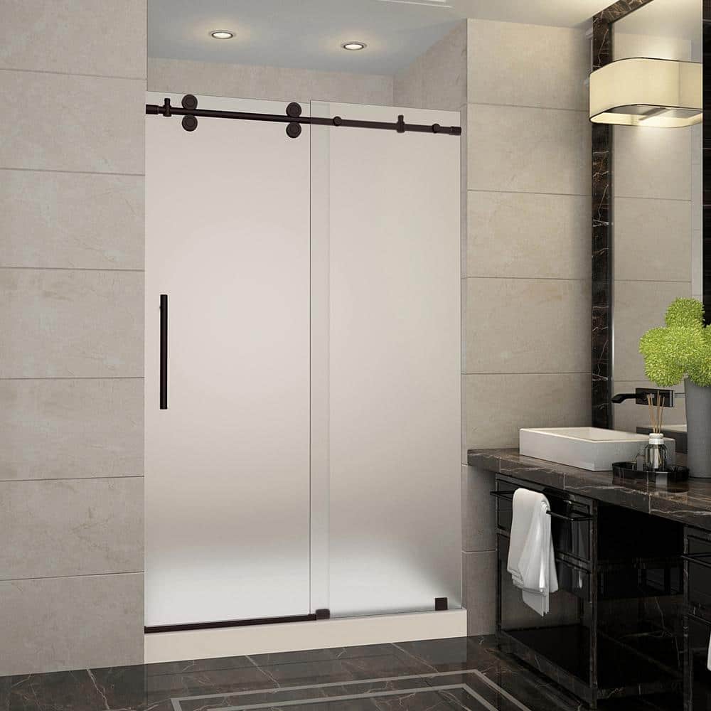 Langham 48 in. x 36 in. x 77.5 in. Middle Drain Frameless Sliding Shower Door with Frosted Glass in Bronze price history on PriceWatchPro