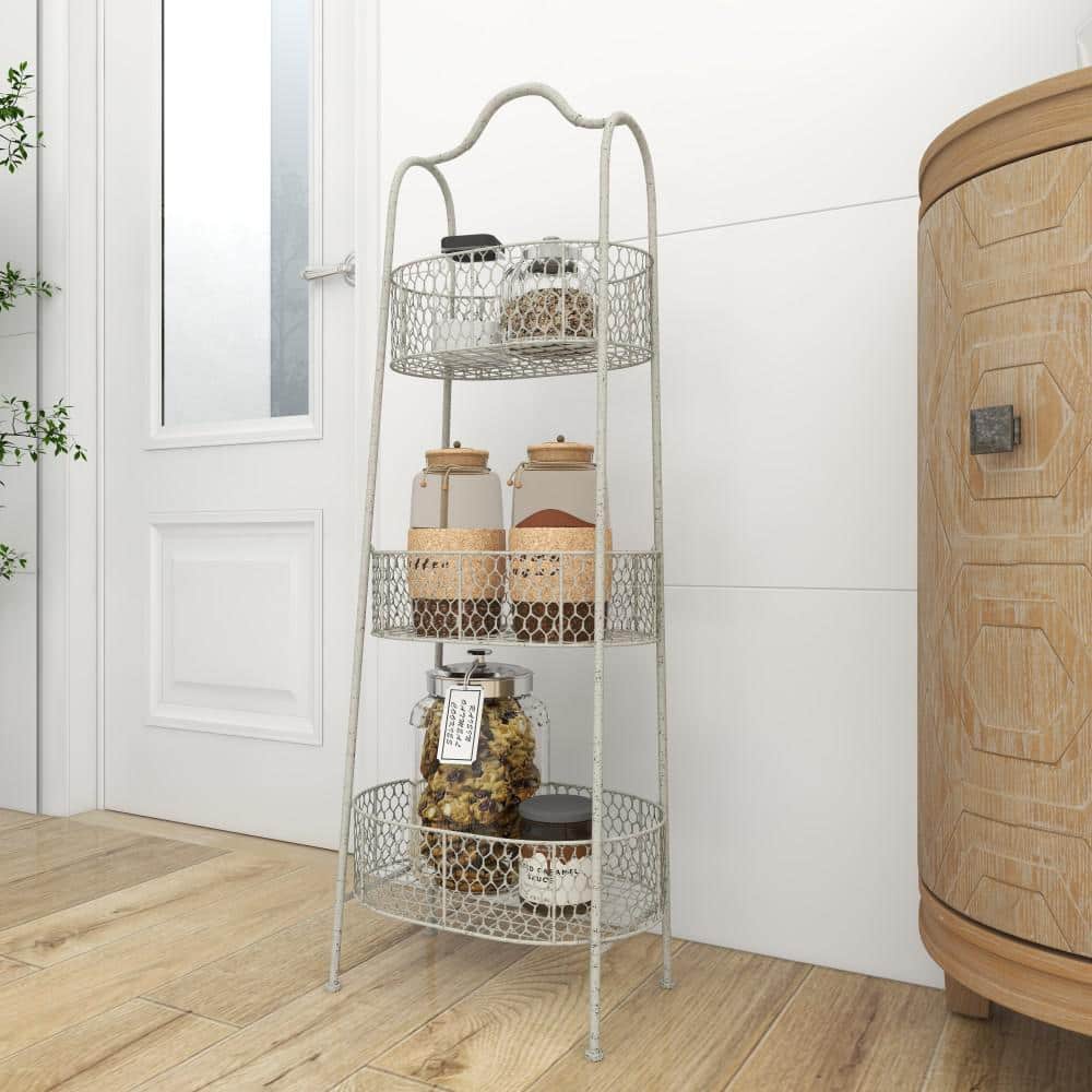 Off-White Metal 3-Tier Elliptical Basket Shelving Unit