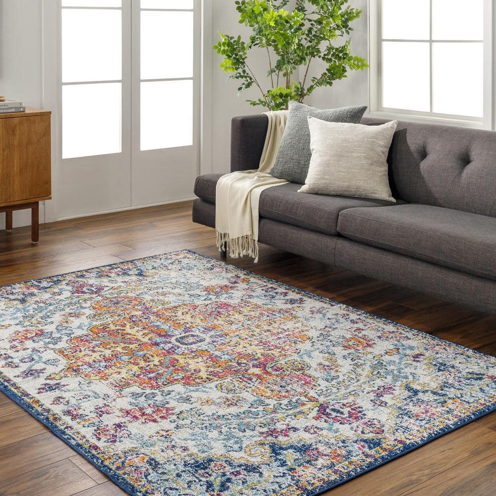 Orange and Navy Synthetic 4' x 6' Vintage Medallion Area Rug