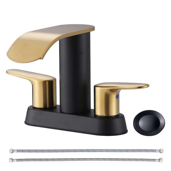 Waterfall 4 in. Centerset Double-Handle Bathroom Sink Faucet, Modern Faucet with Pop Up Drain in Black and Gold