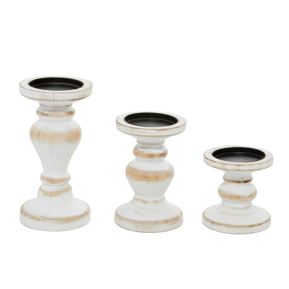 Farmhouse Elegance White Wooden Pillar Candle Holders, Set of 3