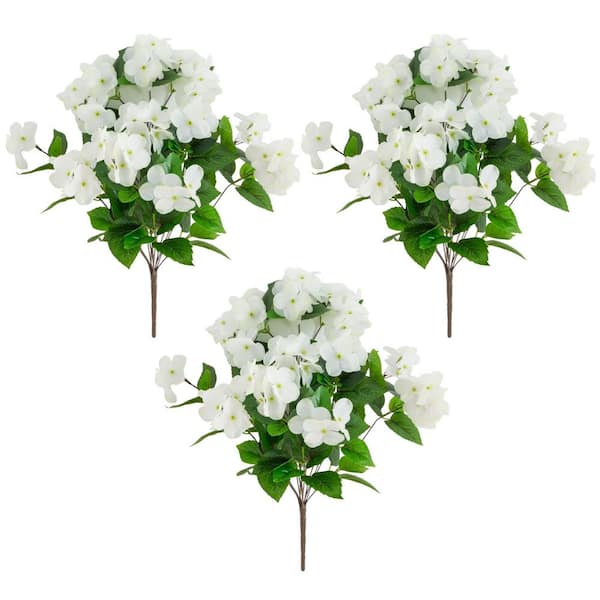 19 in. White UV Resistant Artificial Hydrangea Bush (Indoor/Outdoor) - (Set of 3)