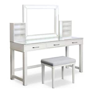 Pakler 3-Piece Luminous White Makeup Vanity Set With LED Mirror and Clear Glass Top