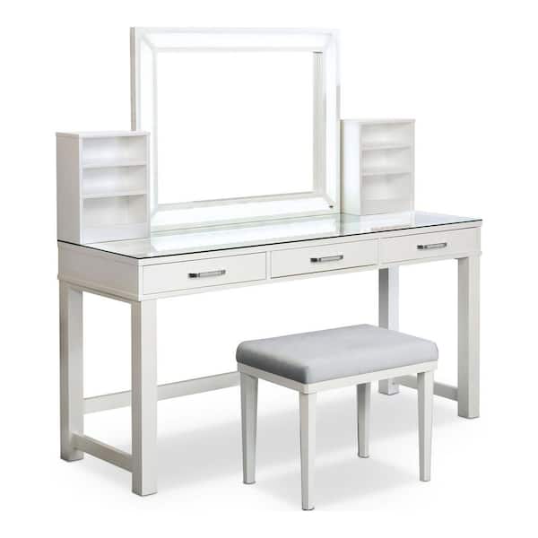 Furniture of America Pakler 3-Piece Luminous White Makeup Vanity Set With LED Mirror and Clear Glass Top