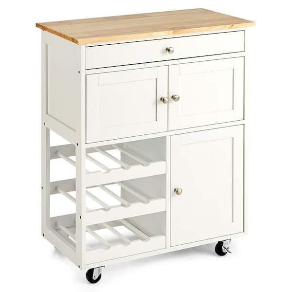 26 5in Rolling Kitchen Island Serving Cart Storage Cabinet W Wine Rack White Gym07542 The Home Depot