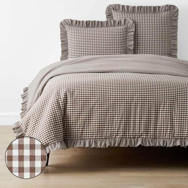 The Company Store Company Cotton Gingham Yarn-Dyed Melange Brown Plaid Twin Cotton Percale Duvet Cover