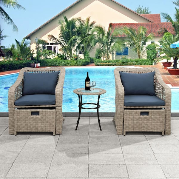 Tunearary Modern 5-piece Wicker Outdoor Conversation Set with Blue Cushion, Stools and Round Table