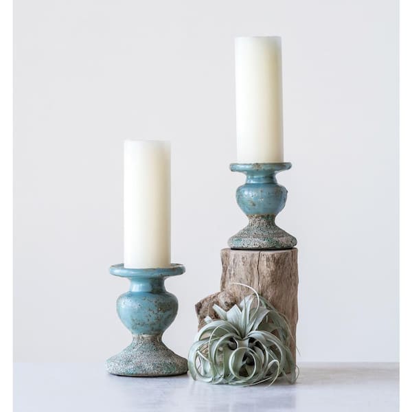 Storied Home Blue Terracotta Large Distressed Pillar Candleholder
