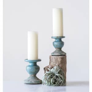 Blue Terracotta Large Distressed Pillar Candleholder