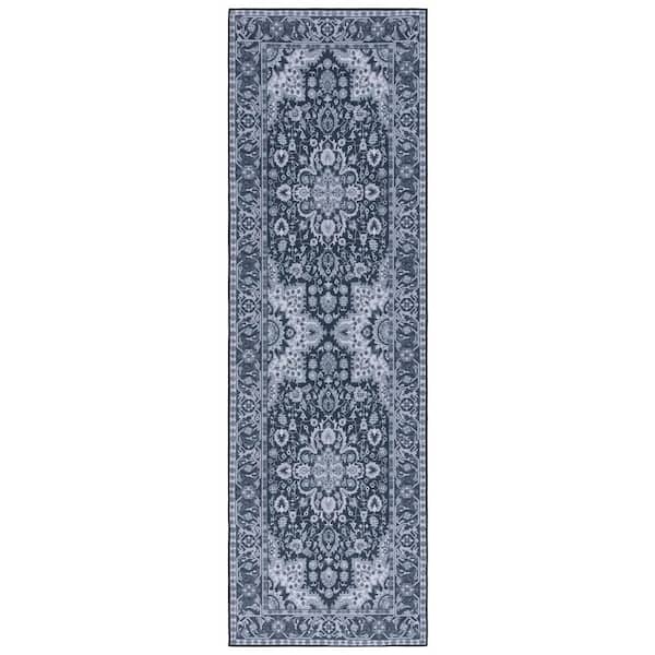 SAFAVIEH Tucson Black/Beige 3 ft. x 8 ft. Machine Washable Medallion Floral Border Distressed Runner Rug