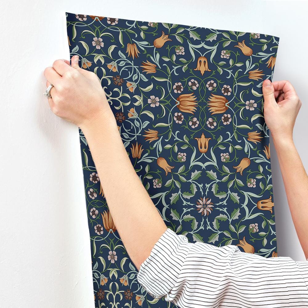Dark Blue Floral Non-Pasted Washable Wallpaper Roll