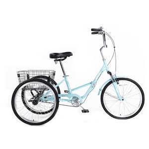 24 in. Blue Steel Folding Tricycles with Shopping Basket and Low Step-Through